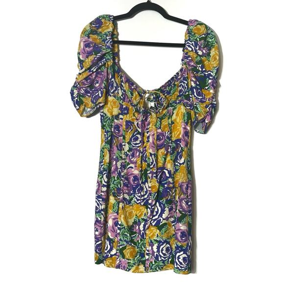 Zara Purple/Yellow/Blue Floral Corset Style Puff Sleeve Mini Dress Small NWT - Picture 2 of 8